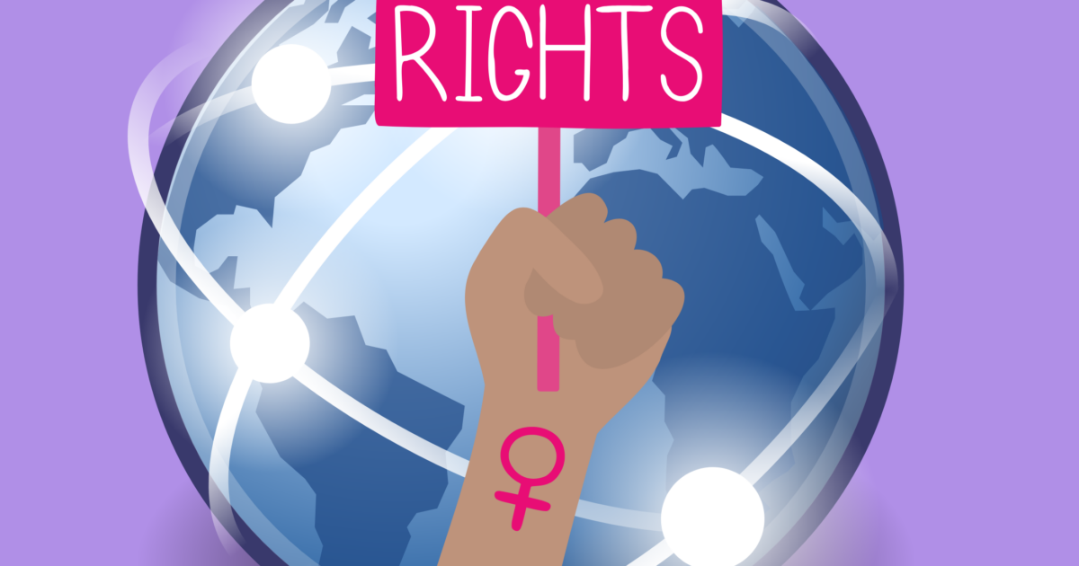 Graphic of globe with beams of light encircling it. In front a brown hand with a pink women's symbol holds a sign that says 