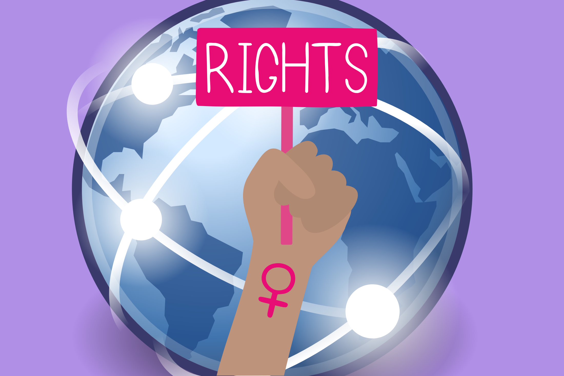 Graphic of globe with beams of light encircling it. In front a brown hand with a pink women's symbol holds a sign that says "rights"