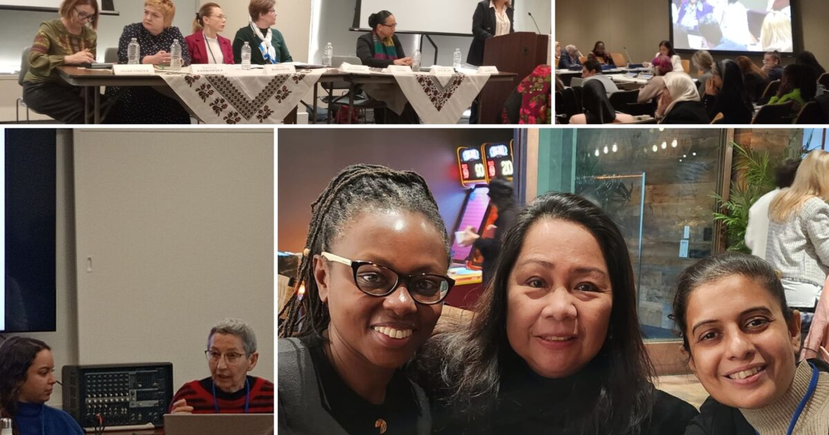 collage of panelists from CSW68 events plus an image of Sarah Macharia, Lynda Garcia, and Shahrezad Samiuddin