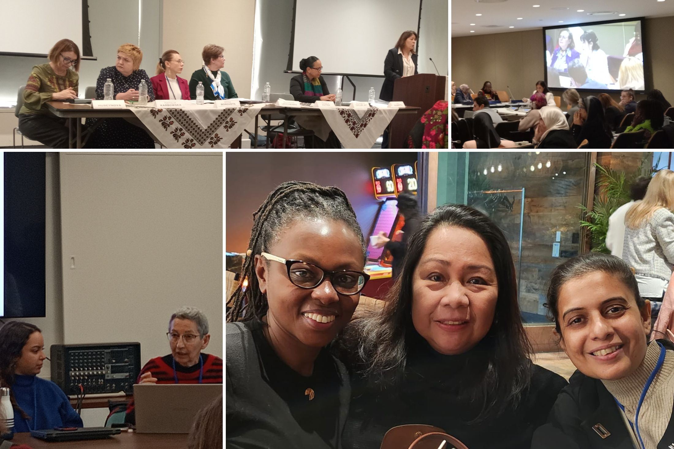 collage of panelists from CSW68 events plus an image of Sarah Macharia, Lynda Garcia, and Shahrezad Samiuddin