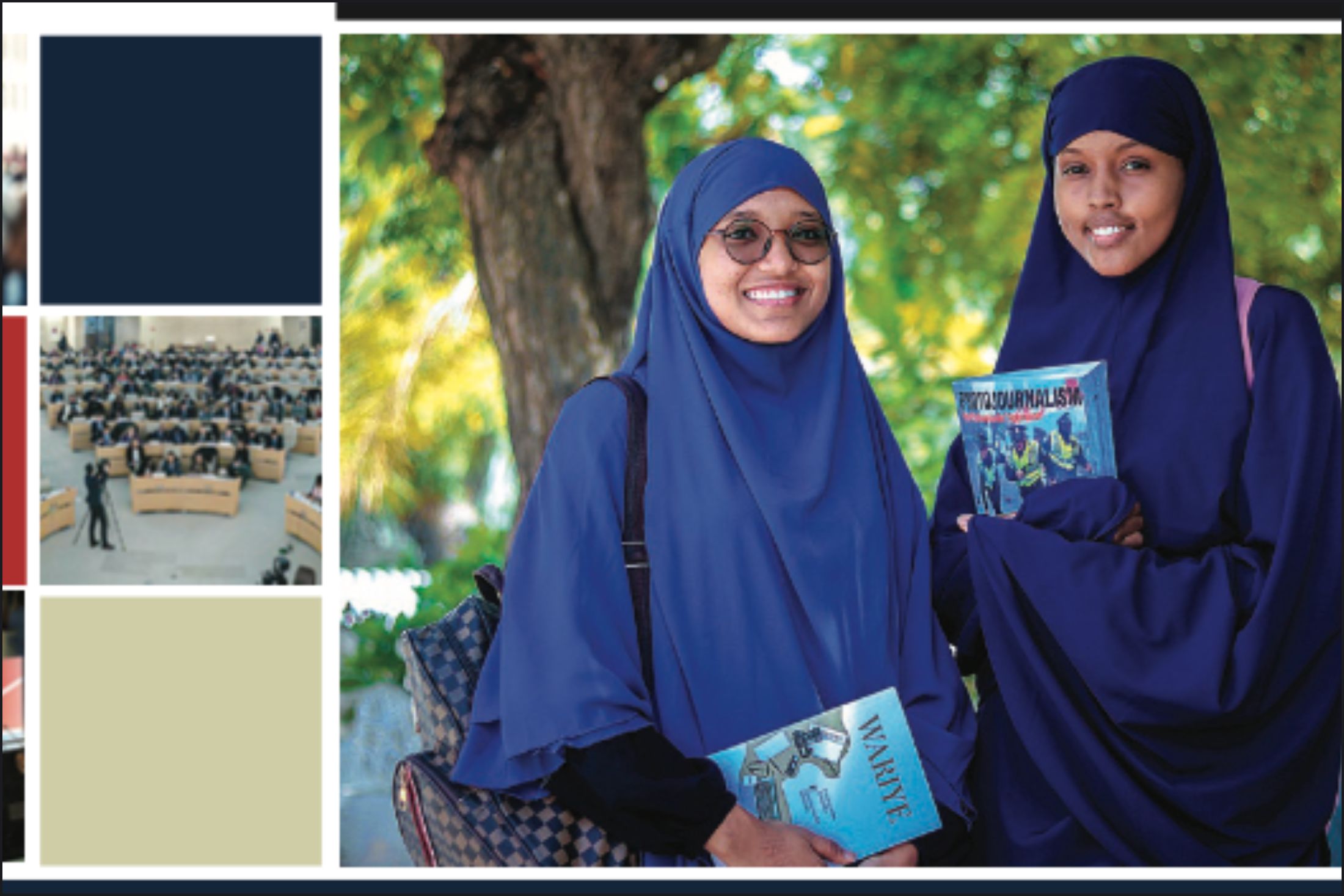 Two young women wearing headscarves hold magazines