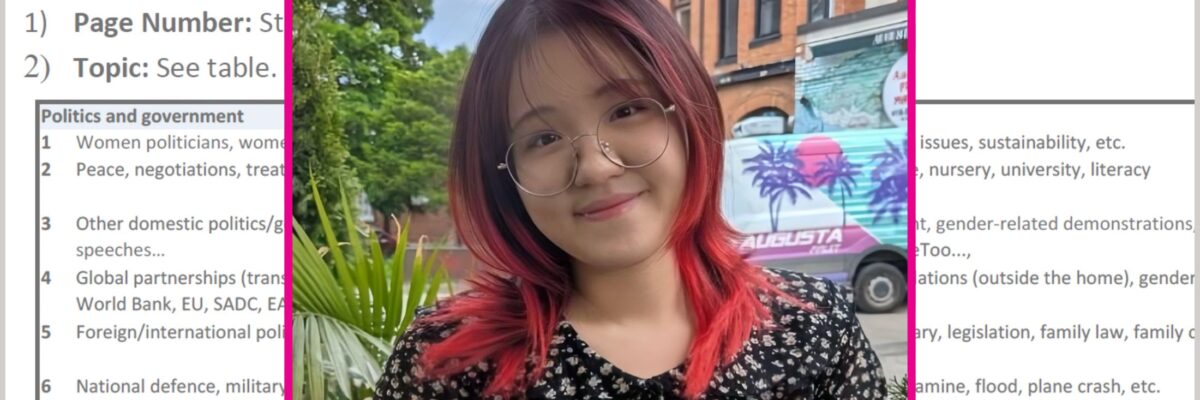 Esta Yee photo against a backdrop with GMMP instructions for coding news stories