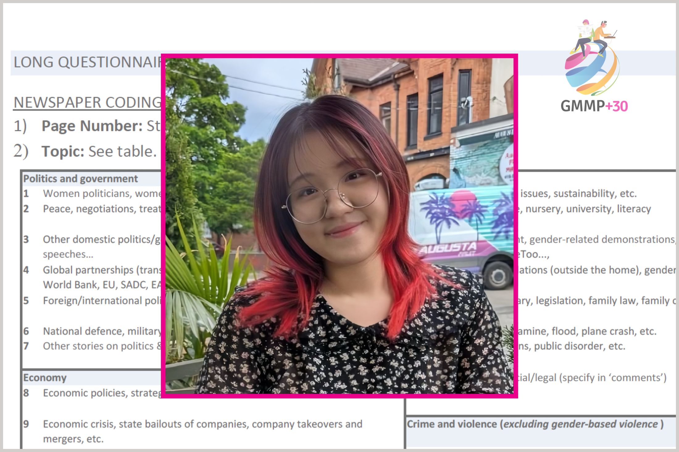Esta Yee photo against a backdrop with GMMP instructions for coding news stories