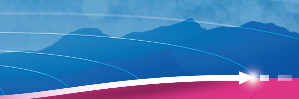 Mountains in blue in top 2/3 of image and magneta block in lower 1/3 separated by a white arrow that curves gently uphill from left to right