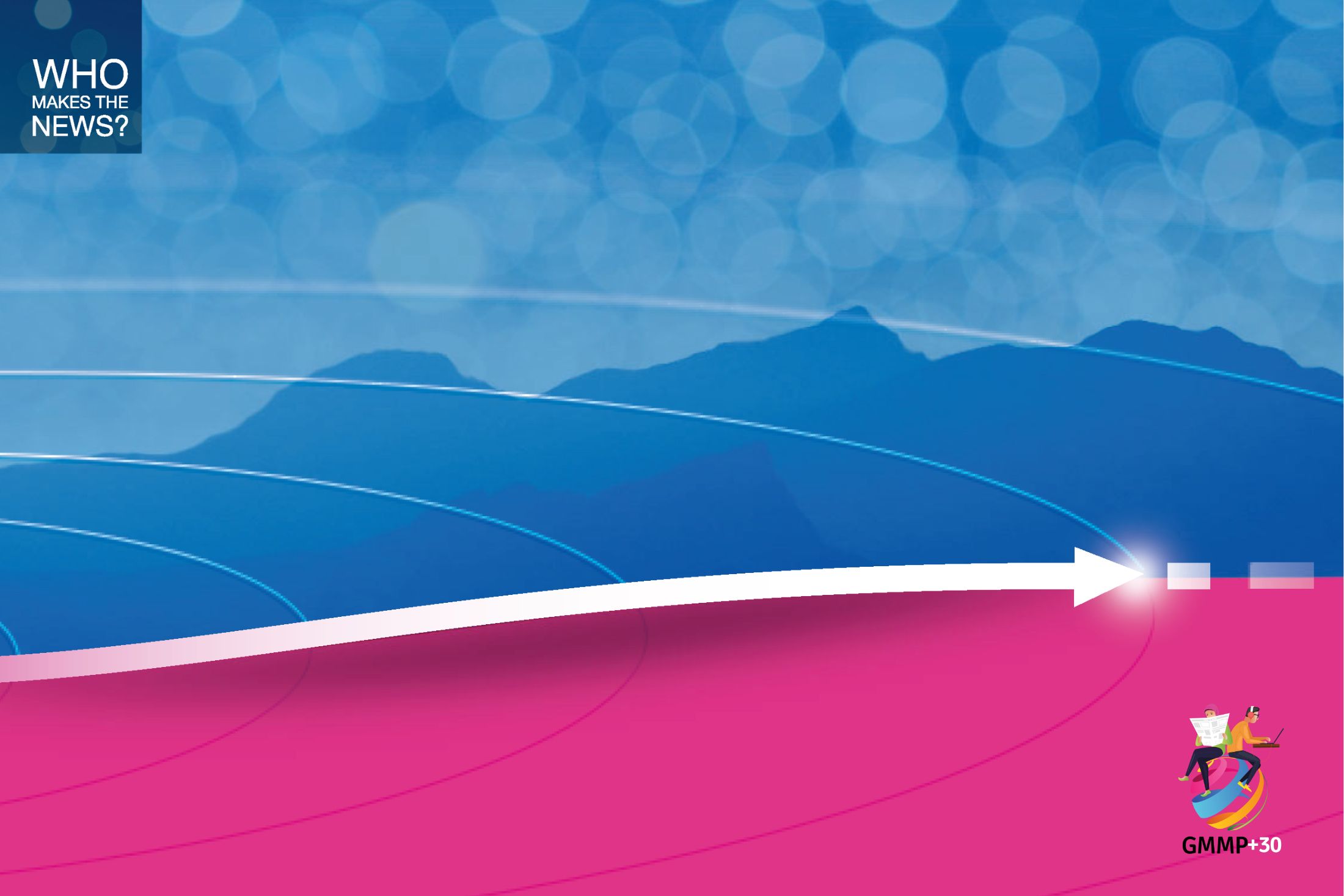 Mountains in blue in top 2/3 of image and magneta block in lower 1/3 separated by a white arrow that curves gently uphill from left to right