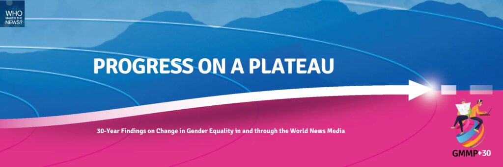 Mountains in blue in top 2/3 of image and magenta block in lower 1/3 separated by a white arrow that curves gently uphill from left to right, with "Progress on a Plateau" above