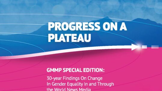 Mountains in blue in top 2/3 of image and magenta block in lower 1/3 separated by a white arrow that curves gently uphill from left to right, with "Progress on a Plateau" above