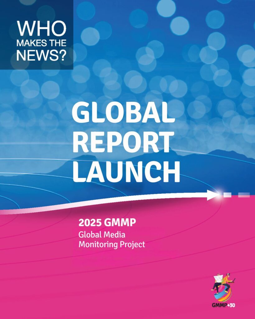 Blue and magenta cover resembling a report with "2025 GMMP Global Report launch" linking to the launch registration page