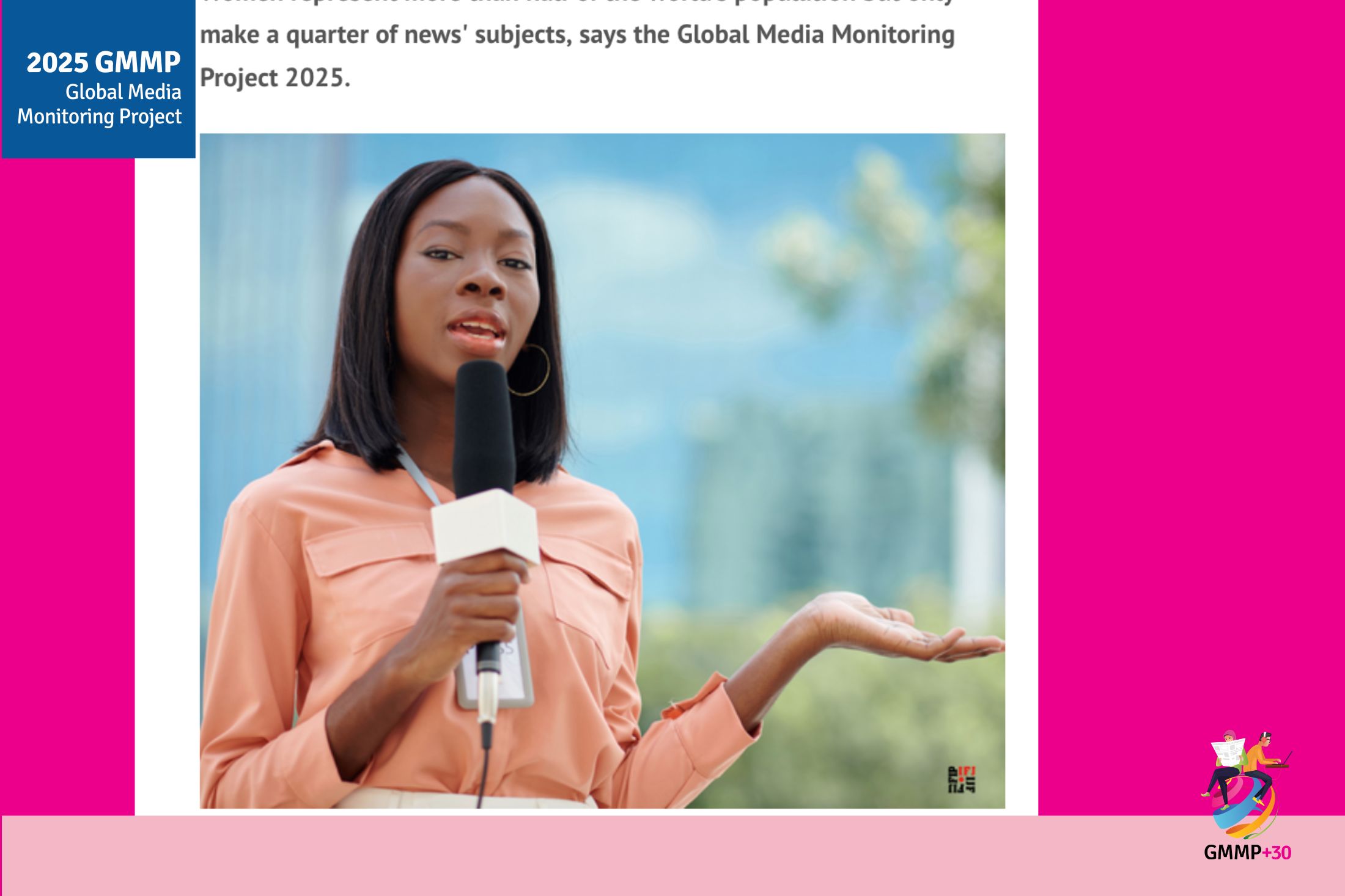 Woman journalist speaks into a microphone