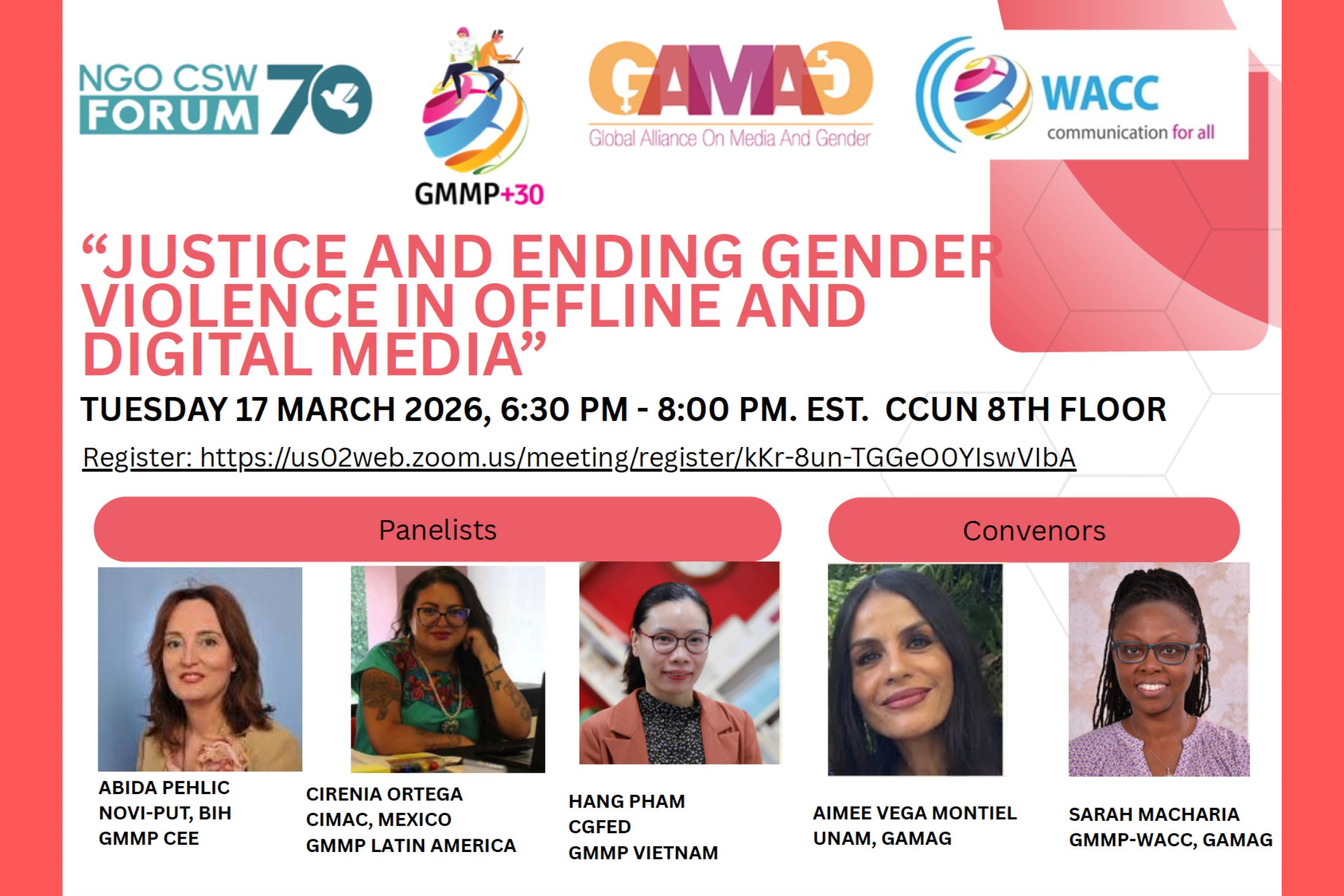 Flyer for the CSW70 event "Justice and Ending Gender Violence in Offline and Digital Media” with photos of speakers and logos of organisers