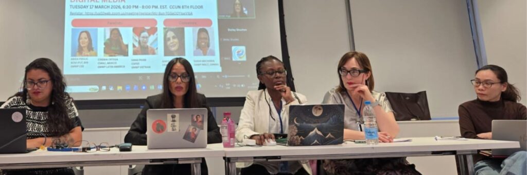 Panel participants Cirenia Celestino Ortega, Aimée Vega Montiel, Sarah Macharia, Abida Pehlic, Hang Pham at the speakers table during the session