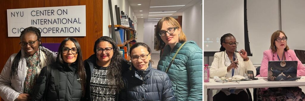 Five women from different countries pose inside a hallway at the Church Center at the UN; Abida Pehlic speaks from a table at the front a conference room