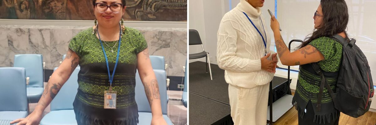 On the left, Cirenia Celestino Ortega stands in front of a table with her hands on a chair on each side in a large meeting room. On the right, she stands holding a microphone up to a Black woman with a UN event lanyard around her neck.