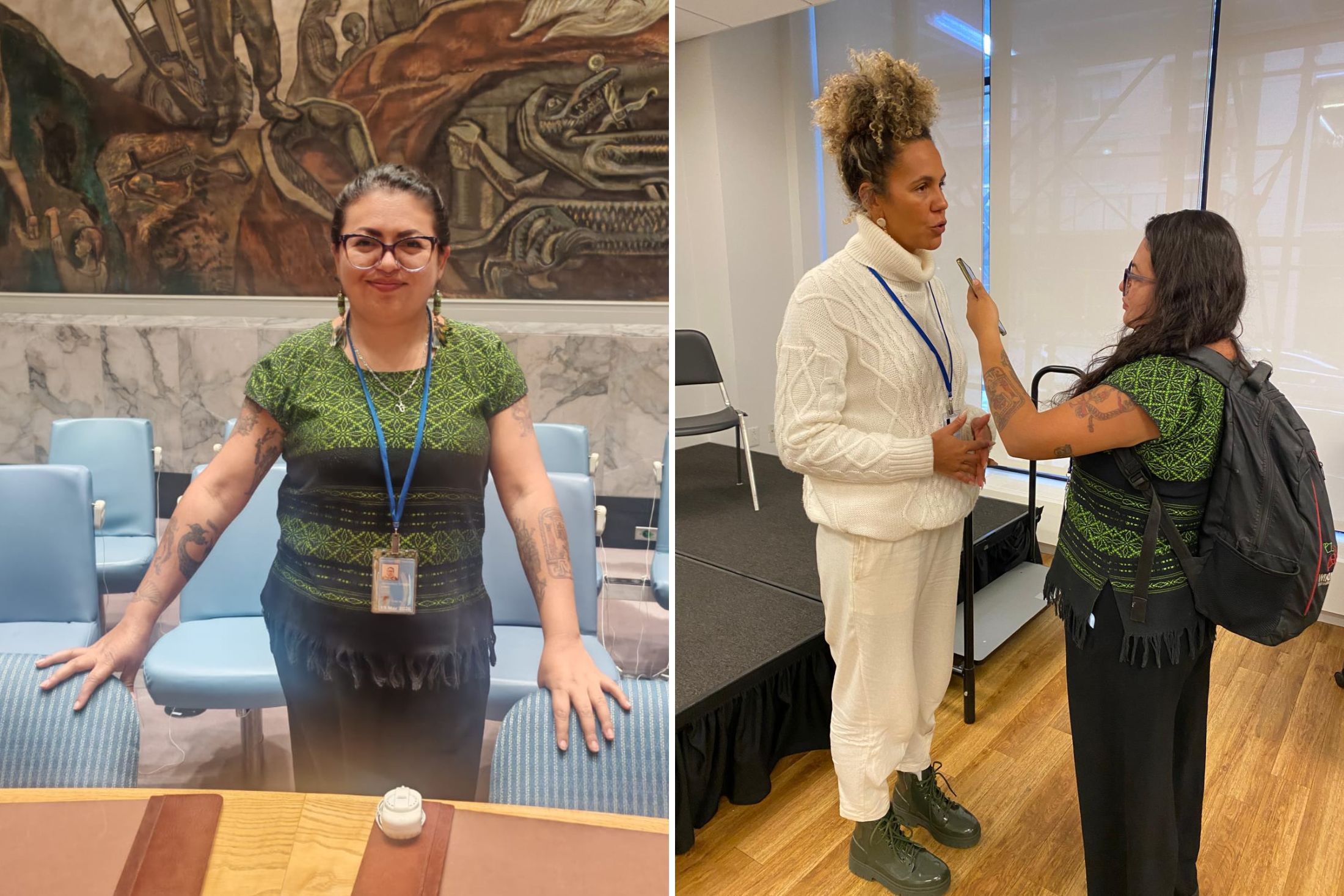On the left, Cirenia Celestino Ortega stands in front of a table with her hands on a chair on each side in a large meeting room. On the right, she stands holding a microphone up to a Black woman with a UN event lanyard around her neck.