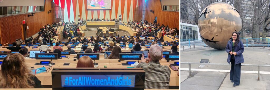 Left, an auditorium filled with people listening to a speaker at the UN, viewed from the rear of the room. Right, Cirenia Celestino stands in front of a sculpture of a globe in an outdoor open space at the UN in New York.