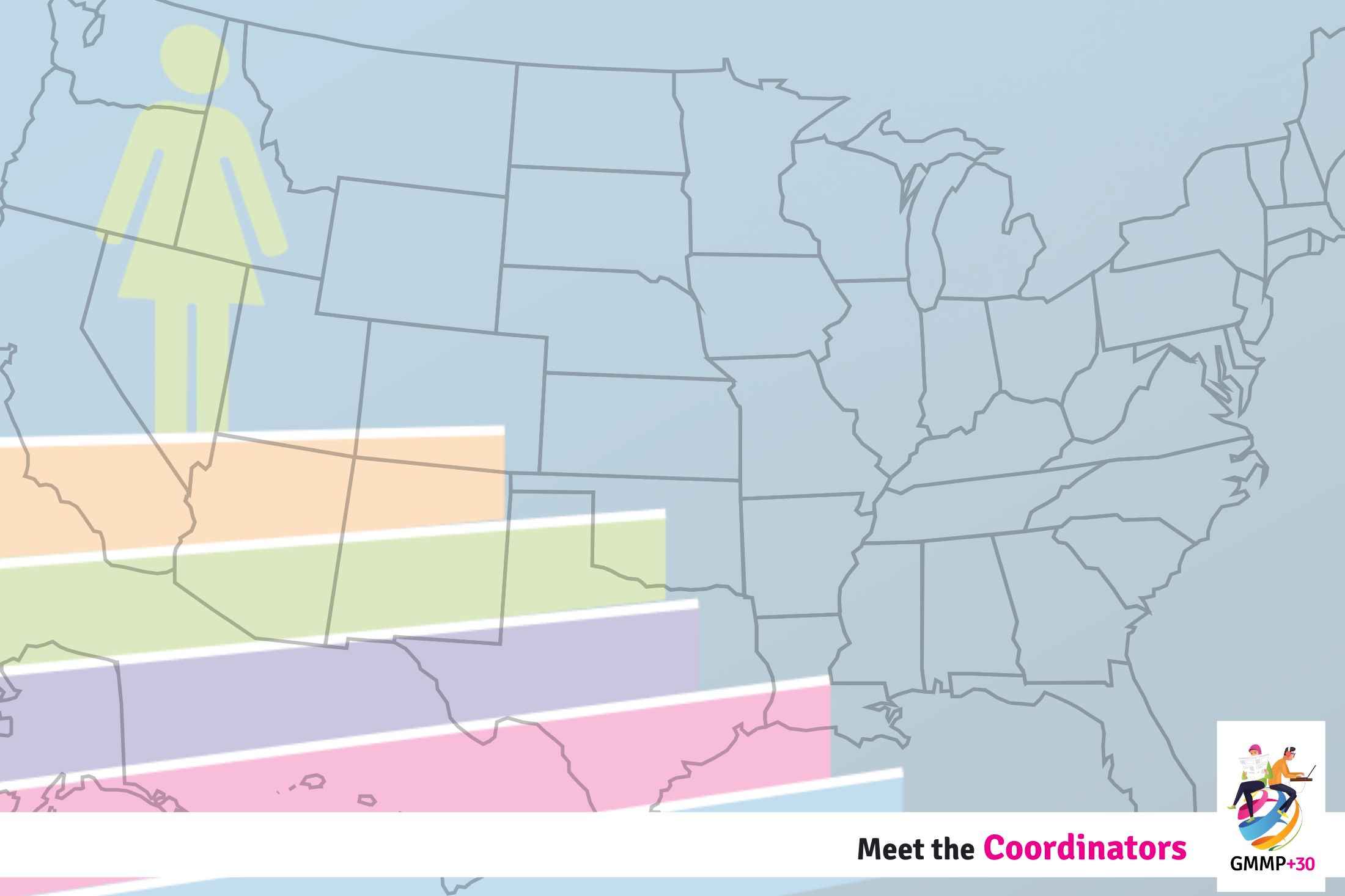Outline map of the USA superimposed on a series of colourful stair steps with the silhouette of a woman standing on the top step